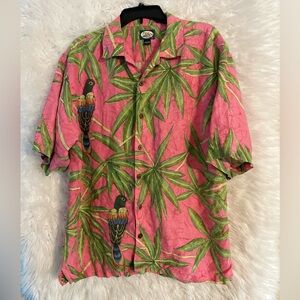 Tommy Bahama Men’s Hawaiian Tropical Leaves Bird Print Linen Button Down Shirt-L